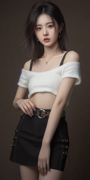 Tifa Lockhart, a beautiful girl wearing a stylish outfit consisting of a white crop top and black skirt with decorative belt/straps. They were wearing some gold jewelry, including earrings and necklaces. Professional studio lighting on dark brown background.