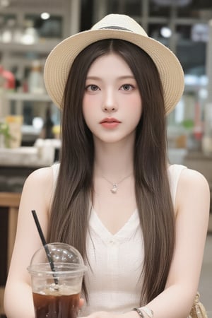 1girl, solo, long hair, looking at viewer, blush, brown hair, black hair, hat, dress, brown eyes, jewelry, sitting, necklace, bag, bracelet, cup, lips, chair, drinking straw, handbag, realistic, straw hat, disposable cup