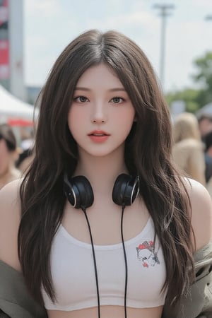 The image is illustrated in a hyper-realistic art style with anime influences, showcasing detailed and vibrant aesthetics. The composition centers on a young woman standing confidently. She has wavy brown hair and wears casual, trendy attire: a white crop top with a colorful design, headphones around her neck, and a leather jacket. The blurred background suggests a crowded outdoor event, possibly a concert or festival, with bright daylight filtering through. The image captures a sense of youthful energy and style, with meticulous attention to detail, particularly in the reflections on her outfit and the play of light in her hair.