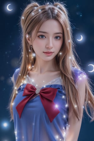 8K photography, with a surreal style, vivid colors and intricate details. The composition of the work centers on a Sailor Moon-like character, against a dark cosmic background dotted with glowing crescent moons and stars. The Taiwanese beauty has long blonde ponytails decorated with crystals and wears a sailor suit with a red bow and heart-shaped badge. The background is a blurry blue with celestial symbols emphasizing the magical theme. Echoing the character’s iconic pose.