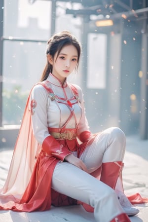 Real portrait photography captures characters with anime aesthetics, focusing on sharp and vivid details. The composition is centered, with the protagonist looking directly into the camera. The character is a young Taiwanese woman wearing a helmet, white and pink outfit, red cape and badge, reminiscent of a superhero or anime character. She sits on the white surface in a relaxed position, one knee slightly raised. The background is soft light coming through the windows, giving it a modern or futuristic vibe. The overall tone is bright and clean, highlighting the characters' clothing and expressions.