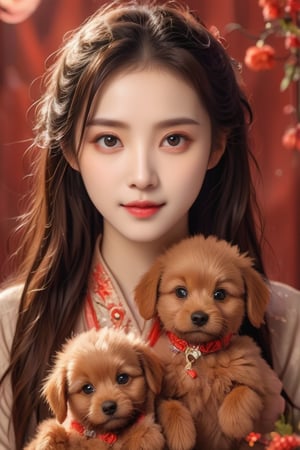 Real portrait photography, Taiwanese beauty, surrounded by several cute red poodle babies, looking straight ahead with a smile, very beautiful