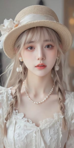 1girl, solo, long hair, looking at viewer, bangs, blonde hair, hat, dress, bow, ribbon, brown eyes, jewelry, braid, flower, earrings, frills, indoors, necklace, white dress, blurry, twin braids, lace, beads, pearl necklace, pearl \(gemstone\)