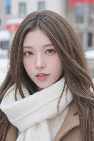 1girl, solo, long hair, looking at viewer, smile, brown hair, brown eyes, upper body, outdoors, scarf, grin, coat, snow, realistic, white scarf, winter