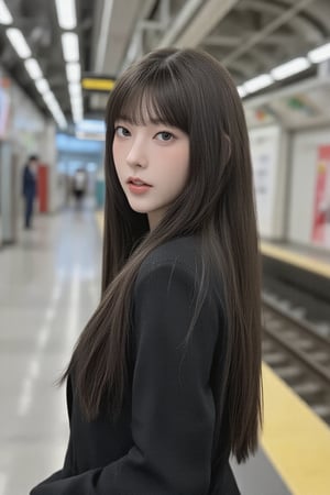 Model in the station Beautiful Taiwanese Asian woman, full body shot, fashion model, dynamic pose, straight bangs hairstyle, person with round face and flat bangs, long hair depth, straight bangs, high fashion portrait, detail, standing, depth of field