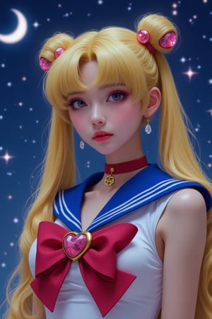 8K photography, with a surreal style, vivid colors and intricate details. The composition of the work centers on a Sailor Moon-like character, against a dark cosmic background dotted with glowing crescent moons and stars. The Taiwanese beauty has long blonde ponytails decorated with crystals and wears a sailor suit with a red bow and heart-shaped badge. The background is a blurry blue with celestial symbols emphasizing the magical theme. Echoing the character’s iconic pose.,SuchDetail