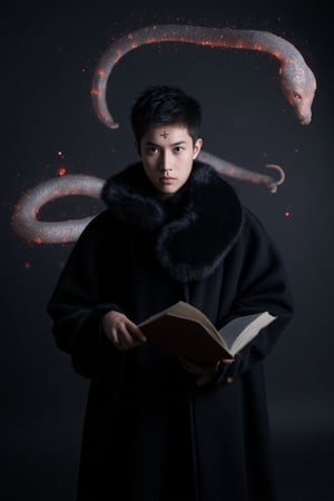 Real portrait photography. The composition focuses on a young and mysterious figure, standing confidently and wearing a black coat with fur trim. He holds an open book in his left hand, suggesting a mystical or academic theme. He has a serious expression, emphasized by a distinct cross mark on his forehead. Behind him, a transparent, snake-like creature hovers, its red eyes glowing, adding to the supernatural element. The mysterious atmosphere is enhanced by a dark swirling background with sparks and glowing particles floating around. The artwork effectively combines elements of fantasy and reality, drawing the viewer into a mysterious narrative.