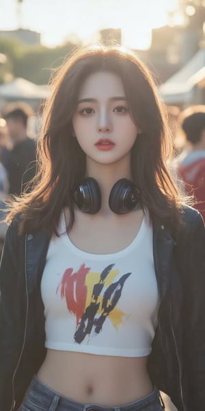 The image is illustrated in a hyper-realistic art style with anime influences, showcasing detailed and vibrant aesthetics. The composition centers on a young woman standing confidently. She has wavy brown hair and wears casual, trendy attire: a white crop top with a colorful design, headphones around her neck, and a leather jacket. The blurred background suggests a crowded outdoor event, possibly a concert or festival, with bright daylight filtering through. The image captures a sense of youthful energy and style, with meticulous attention to detail, particularly in the reflections on her outfit and the play of light in her hair.