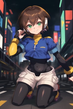 aile_megamanzx, kneeling with one hand on the ground and the other arm raised, 1girl, solo, short hair, brown hair, short sleeves, (bodysuit), robot ears, green eyes, shorts, short sleeves, short over long sleeves, smile, in futuristic city, masterpiece, high quality, AILE_MEGAMANZX