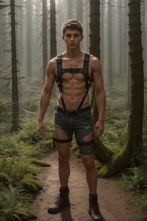 beautiful photo, full body, handsome teenage boy, 18 years old, smooth, small waist, advertuerer, explorer, wearing a harness and tattered clothes, beautiful unexplored wilderness, tan lines , striking lighting, raw,(skin imperfection),RAW photo, perfect eyes