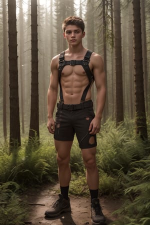 beautiful photo, full body, handsome teenage boy, 18 years old, smooth, small waist, advertuerer, explorer, wearing a harness and tattered clothes, beautiful unexplored wilderness, tan lines , striking lighting, raw,(skin imperfection),RAW photo, perfect eyes