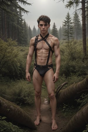 beautiful photo,prettyboy, pretty boy, full body, handsome teenage boy, 18 years old, smooth, small waist, advertuerer, explorer, wearing a harness and tattered clothes, beautiful unexplored wilderness, tan lines , striking lighting, raw,(skin imperfection),RAW photo, perfect eyes