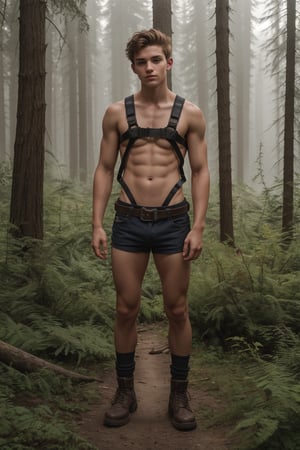 beautiful photo, prettyboy, full body, handsome teenage boy, 18 years old, smooth, small waist, advertuerer, explorer, wearing a harness and tattered clothes, beautiful unexplored wilderness, tan lines , striking lighting, raw,(skin imperfection),RAW photo, perfect eyes