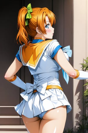 Prompt: master piece, best quality, highly detailed, ultra detailed, more detail XL , (perfect anatomy), , love live!, love live!, love live! school idol project,(((animated))), anime colored,  (((kousaka honoka))), blue eyes, orange hair,wearing a (sailor senshi uniform),sailor_senshi_uniform, from behind, 