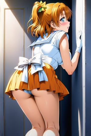 Prompt: master piece, best quality, highly detailed, ultra detailed, more detail XL , (perfect anatomy), , love live!, love live!, love live! school idol project,(((animated))), anime colored,  (((kousaka honoka))), blue eyes, orange hair,wearing a (sailor senshi uniform),sailor_senshi_uniform, ((leaning forward)), from behind, 