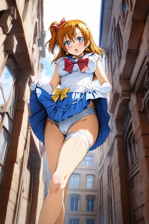 Prompt: master piece, best quality, highly detailed, ultra detailed, more detail XL , (perfect anatomy), , love live!, love live!, love live! school idol project,(((animated))), anime colored,  (((kousaka honoka))), blue eyes, orange hair,wearing a (sailor senshi uniform),sailor_senshi_uniform,skirt lift, from below, 