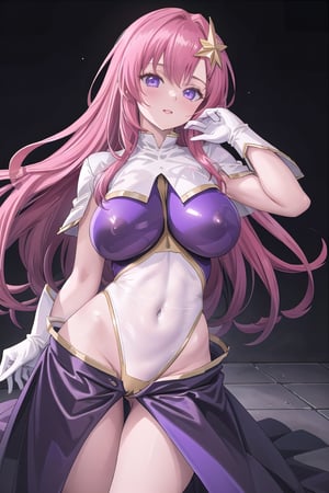 master piece, best quality, highly detailed, ultra detailed,
meer campbell, skirt, large breasts,white leotard, leotard purple leotard,gloves,pink hair, star hair ornament, 1girl, long hair