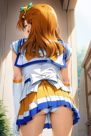 Prompt: master piece, best quality, highly detailed, ultra detailed, more detail XL , (perfect anatomy), , love live!, love live!, love live! school idol project,(((animated))), anime colored,  (((kousaka honoka))), blue eyes, orange hair,wearing a (sailor senshi uniform),sailor_senshi_uniform, leaning forward, from behind, 