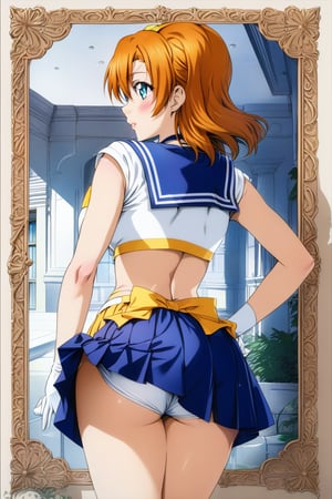 Prompt: master piece, best quality, highly detailed, ultra detailed, more detail XL , (perfect anatomy), , love live!, love live!, love live! school idol project,(((animated))), anime colored,  (((kousaka honoka))), blue eyes, orange hair,wearing a (sailor senshi uniform),sailor_senshi_uniform,skirt lift, from behind, 