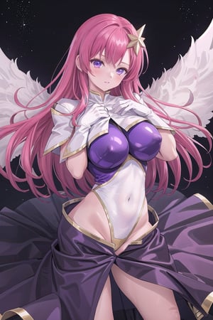 master piece, best quality, highly detailed, ultra detailed,
meer campbell, skirt, large breasts,white leotard, leotard purple leotard,gloves,pink hair, star hair ornament, 1girl, long hair,PERFECT HANDS