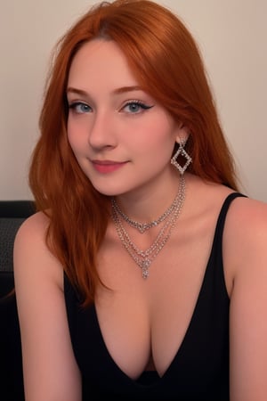 Hyper realistic full body RAW photo of Haru, realistic and detailed face, realistic eyes, realistic red hair, realistic skin texture, wearing a black gala dress with a daring neckline and shimmering fabric, adorned with a diamond necklace and earrings.  Cinematic style