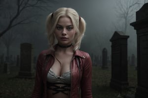 A hyperrealistic photo of Margot Robbie as Harley Quinn in a gothic setting, wearing her Harley Quinn costume with a gothic touch. She is in an old cemetery, with tombstones and fog, with a dark expression and a mysterious gaze. The lighting is dim and dramatic, with shadows creating a sinister atmosphere.