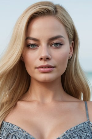 hyperrealistic photo of Margot Robbie, from the waist up, showcasing her blonde hair and flawless makeup, like a magazine cover. Soft and natural lighting enhancing the shadows and contours of her face. Perfect skin texture, with realistic details of pores and makeup.