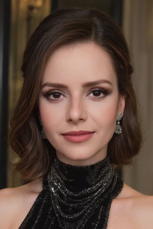 hyperrealistic photo of Sandy, realistic and detailed face, realistics eyes, in a gala look, wearing a long black silk dress with jeweled details and an elegant neckline. She is wearing diamond earrings, professional makeup, and a sophisticated hairstyle. The image should have a cinematic style, with focus on her glamorous look, and the atmosphere of a night party.