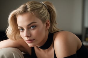 A hyperrealistic photo of Margot Robbie in an iconic scene from the movie "I, Tonya", with her blonde hair tied in a ponytail. She is wearing a figure skating uniform with a touch of glamour. The lighting is intense, with focus on her beauty and the sporty atmosphere. The image should have a cinematic style, with as much realism as possible, capturing the essence of the original scene from the movie.