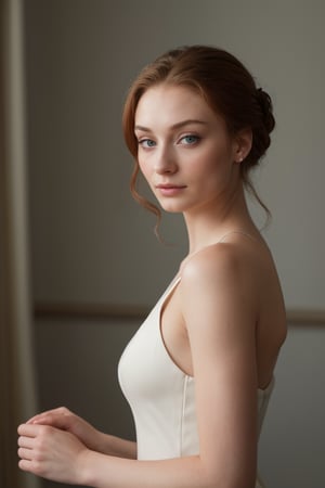 hyperrealistic classic portrait of Sophie Turner, in an elegant and timeless setting, with soft and dramatic lighting. She is wearing a simple and elegant black dress, with a touch of mystery in her eyes. Her hair is styled in an elegant updo, with a few loose strands framing her face. The image has a classic and timeless style, like a painting by a renowned artist.