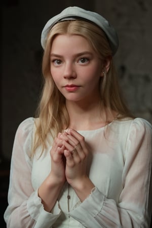  hyper-realistic photo of blonde Anya in a scene from the movie "The Witch", kneeling in prayer, in anguish, hands clasped and fingers intertwined and folded. Anya is wearing a old long-sleeved white dress, faded and worn. The lighting is dim and creates contrasting shadows. Anya has blonde hair and wears a white short cloth cap on her head, covering her hair. Cinematic style