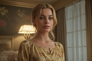 A hyperrealistic photo of Margot Robbie in an iconic scene from the movie "Once Upon a Time in Hollywood", with her blonde hair loose. She is wearing a yellow floral dress with a charming and romantic expression. The lighting is warm and golden, with focus on her beauty and the vintage atmosphere of the movie. The image should have a cinematic style, with as much realism as possible, capturing the essence of the original scene from the movie.