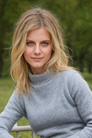 Melanie Laurent is in a park, wearing light wash skinny jeans, a blue wool sweater, and a brown leather jacket. She has a slight smile, enjoying the sunny day. The image is in a casual style, focusing on the natural beauty of the actress and the relaxing atmosphere of the park. The resolution of the image should be high, focusing on the sharpness and details of the clothing. The makeup is natural, with a touch of blush on the cheekbones, mascara, and a nude lipstick. 