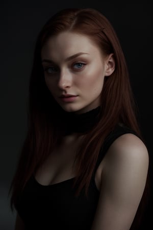 hyperrealistic image of Sophie Turner in a suspense scene, with a dark and mysterious atmosphere. She has an expression of fear and uncertainty, with wide eyes and a dim light that enhances the tension. Her hair falls loosely over her shoulders, with strands escaping her face. The image has a suspense movie style, with a touch of realism and dramatization.