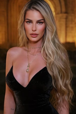 Hyperrealistic full body photo of Yasmin Brunet, realistic face, realistic eyes,  wearing a long black lace dress with velvet details, in a gothic setting like a castle, cathedral, or cemetery.  Realistic style with natural lighting