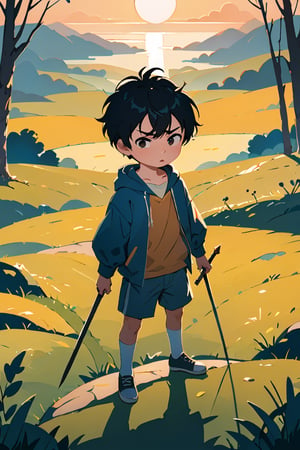 illustration childrens book, best quality, highres, source_cartoon, from above shot, full body shot; basic bg, warm lighting, sunset, a small boy, black hair, standing, holding a spear up, ground-level perspective, struggling, sad, mouth closed; (anime style:0.8), shadows, flat color.