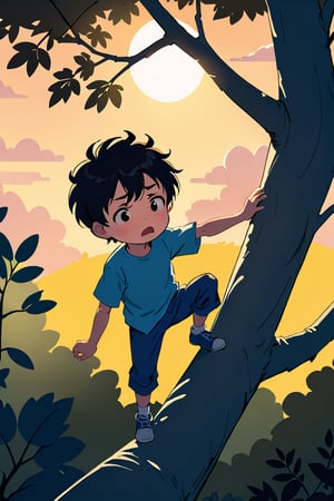 illustration childrens book, best quality, highres, source_cartoon, from above shot, full body shot; basic bg, warm lighting, sunset, a small boy, black hair, climbing a tall tree, high-level perspective, struggling, sad, mouth closed; (anime style:0.8), shadows, flat color.