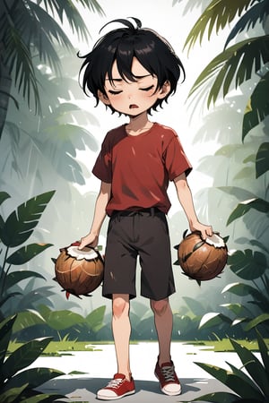 style illustration childrens book, best quality, highres, source_cartoon, outdoors, ground-eye level perspective, full body shot; a boy, black hair, carrying coconuts, [face expression], tired, closed eyes, (mid-action), bended spine, sweating, [plain dirty dark red shirt]; (anime style:0.8), flat color.
