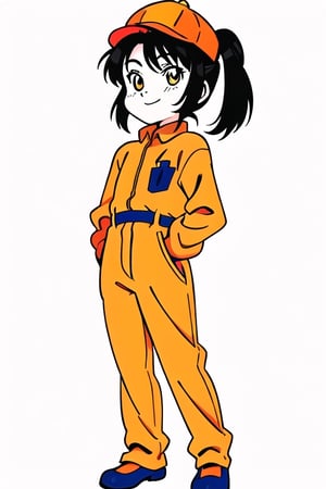 illustration childrens book, best quality, highres, source_cartoon, simple background, ground-eye level perspective; transparent background, flat lighting; (a full body shot | front shot) of a smilling woman worker, wearing orange jumpsuit, black hair, orange cap; (anime style:0.8), flat color, anmnr.