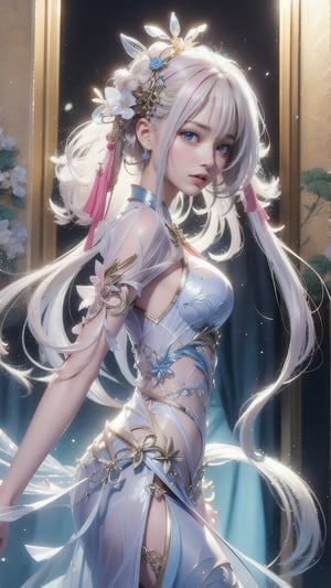 1 Japanese girl, (white hair), (big curly hair), (pink highlights at the ends of hair), (medium chest), (medium cleavage), (transparent direct-view dress), (transparent direct-view dress ),ancient China