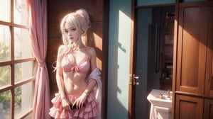 1 Japanese girl, (white hair), (big curly hair tied in a ponytail), (medium chest), (bikini top), (pink bikini top), (big U-neck dress), (super narrow skirt), (extremely narrow skirt (private parts), Japanese bathroom