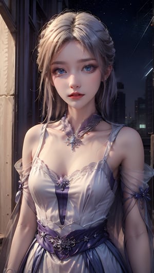 1 Japanese girl, (white hair: 1.2), (short hair), (short hair to shoulders), (noble hair tied up), (medium chest), (transparent straight-view dress), earrings and necklace, with the night starry sky in the background