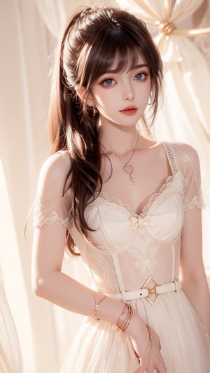 1 Japanese girl, (dark red hair), (messy hair), (bangs), (tied into a high ponytail: 1.2), (oriental heart-shaped face), (medium chest), (white lace net suspender skirt) , (white halterneck rhombus lace mesh dress), (full lace pattern dress), (shoulderless), (lace short sleeves), (belt covers waist), earrings, necklace, bracelet, 1 girl