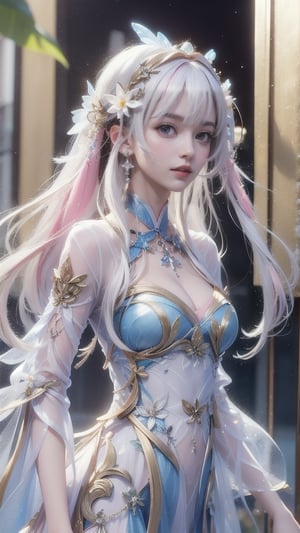 1 Japanese girl, (white hair), (big curly hair), (pink highlights at the ends of hair), (medium chest), (medium cleavage), (transparent direct-view dress), (transparent direct-view dress ),ancient China