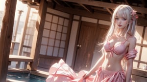 1 Japanese girl, (white hair), (big curly hair), (medium chest), (bikini top), (pink bikini top), (big U-neck dress), (super narrow skirt), (extremely narrow skirt private parts), Japanese bathhouse