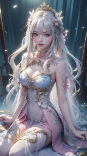 1 Japanese girl, (white hair), (big curly hair), (pink highlights at the ends of hair), (medium chest), (medium cleavage), (transparent direct-view dress), (transparent direct-view dress ),ancient China