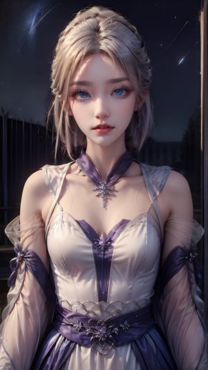 1 Japanese girl, (white hair: 1.2), (short hair), (short hair to shoulders), (noble hair tied up), (medium chest), (transparent straight-view dress), earrings and necklace, with the night starry sky in the background,little doctor fairy clothes