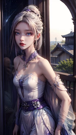 1 Japanese girl, (white hair: 1.2), (short hair), (short hair to shoulders), (noble hair tied up), (medium chest), (transparent straight-view dress), earrings and necklace, with the night starry sky in the background,little doctor fairy clothes