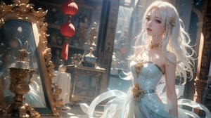 1 Japanese girl, (white hair), (big curly hair), (medium chest), (sleeveless Tencel transparent dress), (light blue Tencel strapless transparent dress), (light blue ancient thick armor belt), Chinese shrine