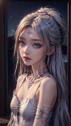 1 Japanese girl, (white hair: 1.2), (long hair to shoulders), (noble hair tied up), (medium chest), (transparent looking directly into the dress), earrings and necklace, the background is the night starry sky